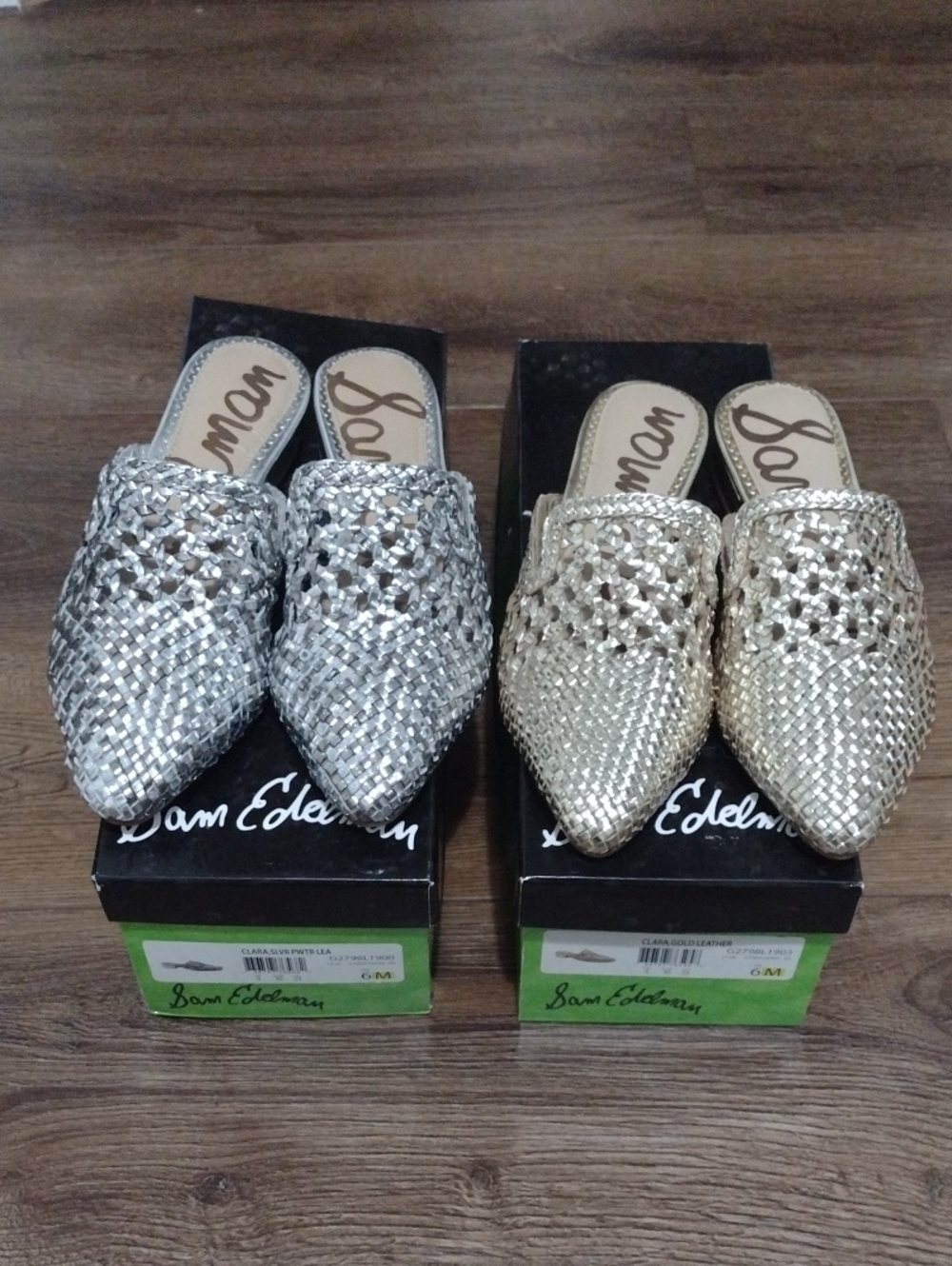 NEW Sam Edelman Silver and Gold Woven Pointed-Toe Mules Set Of 2 Size 6M